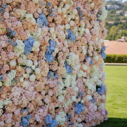 Blue, Cream & Blush Pink Floral Flower Wall, 8x8 ft