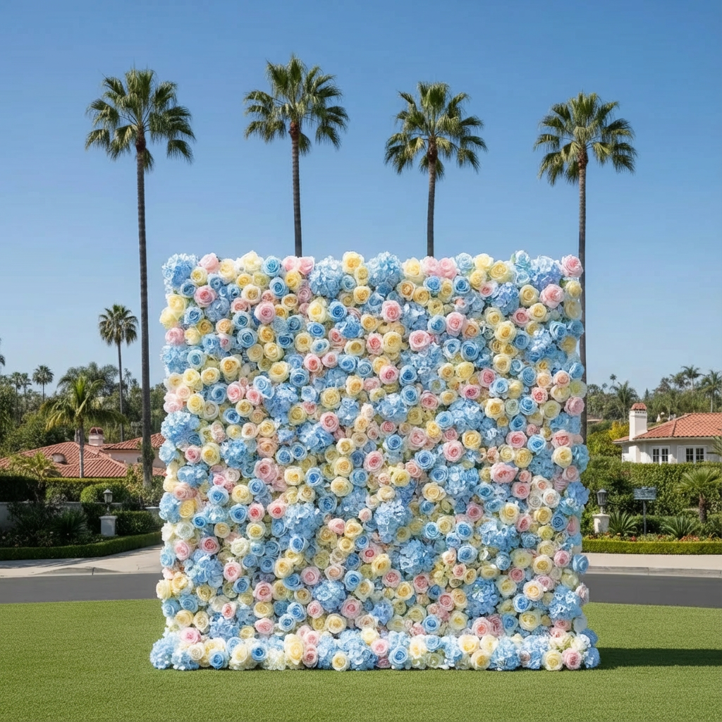 Baby Blue, Yellow and Pink Premium WIld Rose Flower Wall Backdrop - 378