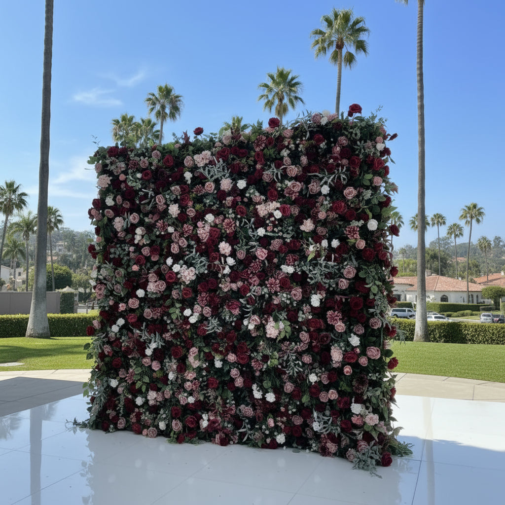 Deep Red, Pink and Greenery Premium Rose Flower Wall - 214