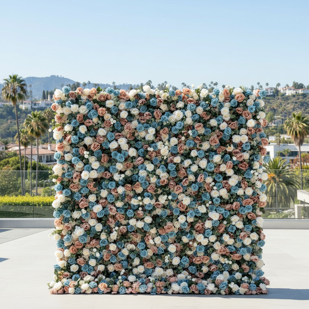 Pink, Cream & Blue Wild Rose Premium Flower Wall - 174