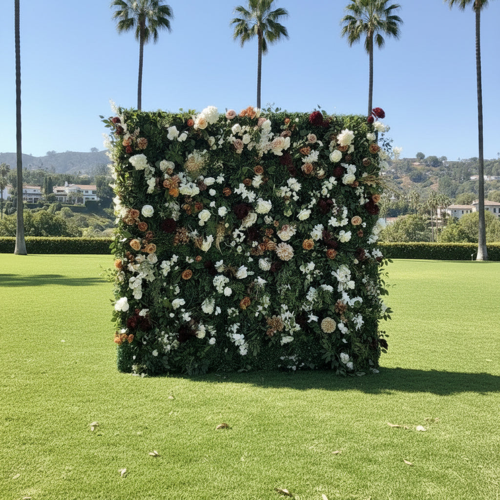 White, Burgundy and Tan Premium Greenery Wall - 519