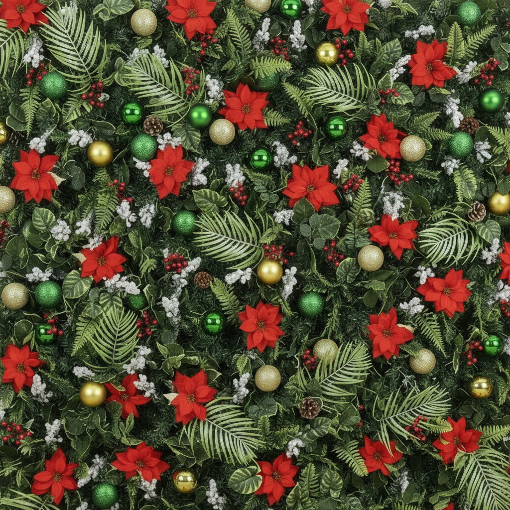 Red and Green Poinsettia Holiday Theme Premium Flower Wall Backdrop - 298