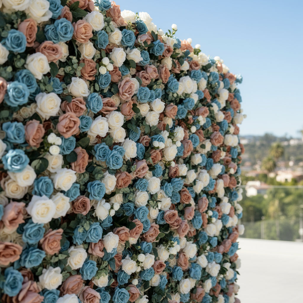 Pink, Cream & Blue Wild Rose Premium Flower Wall - 174