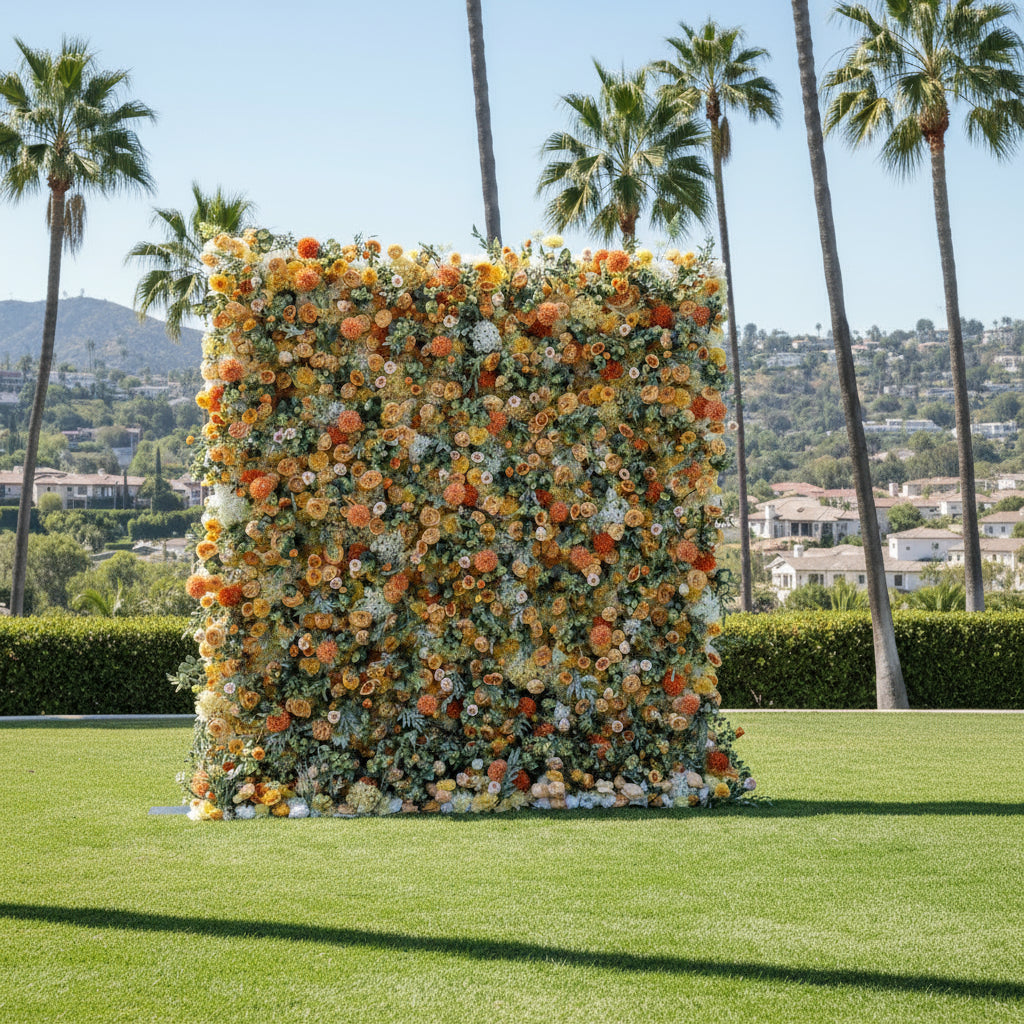 Orange, Yellow and Peach Greenery Premium Flower Wall - 095