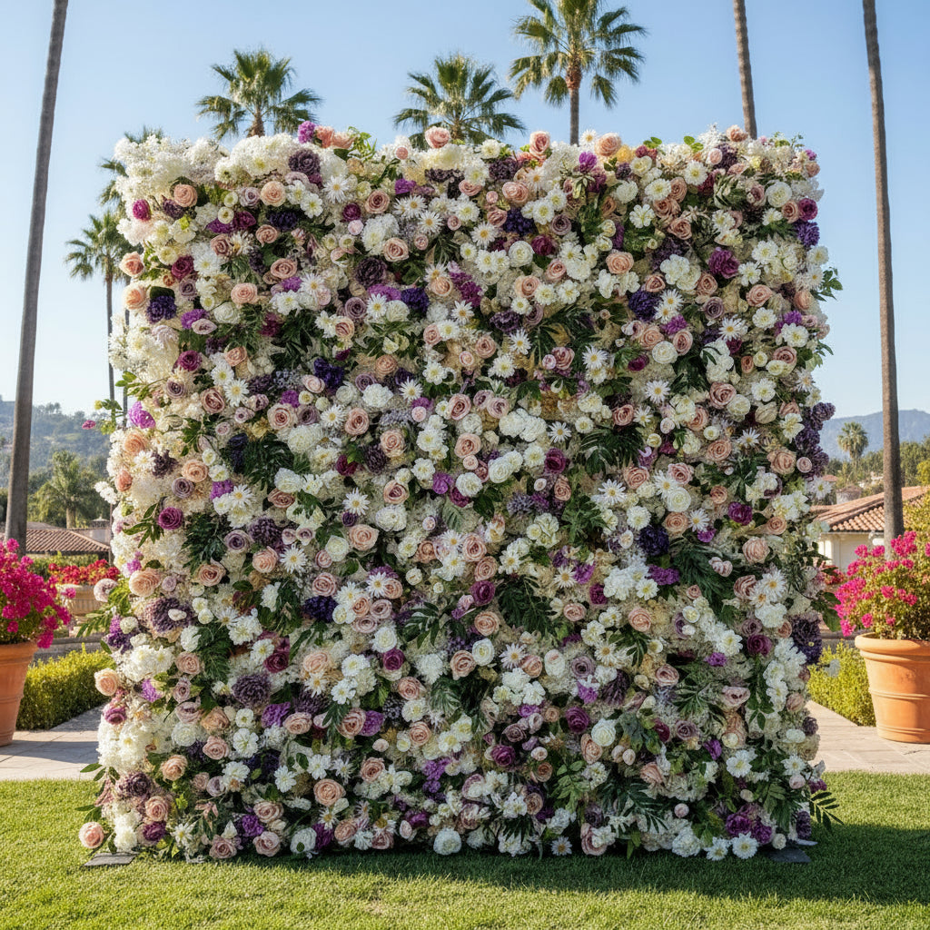 Purple, Pink and White Wild Rose Greenery Premium Flower Wall - 202