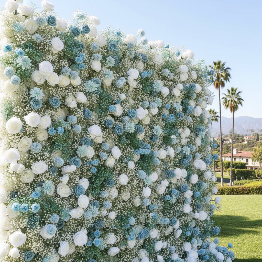 Babys Breath White and Blue Rose Flower Wall - 063