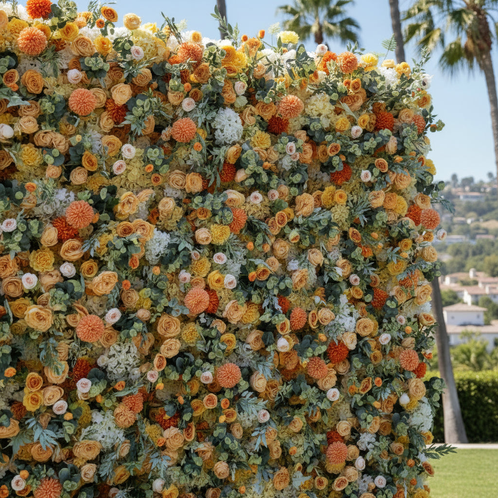 Orange, Yellow and Peach Greenery Premium Flower Wall - 095