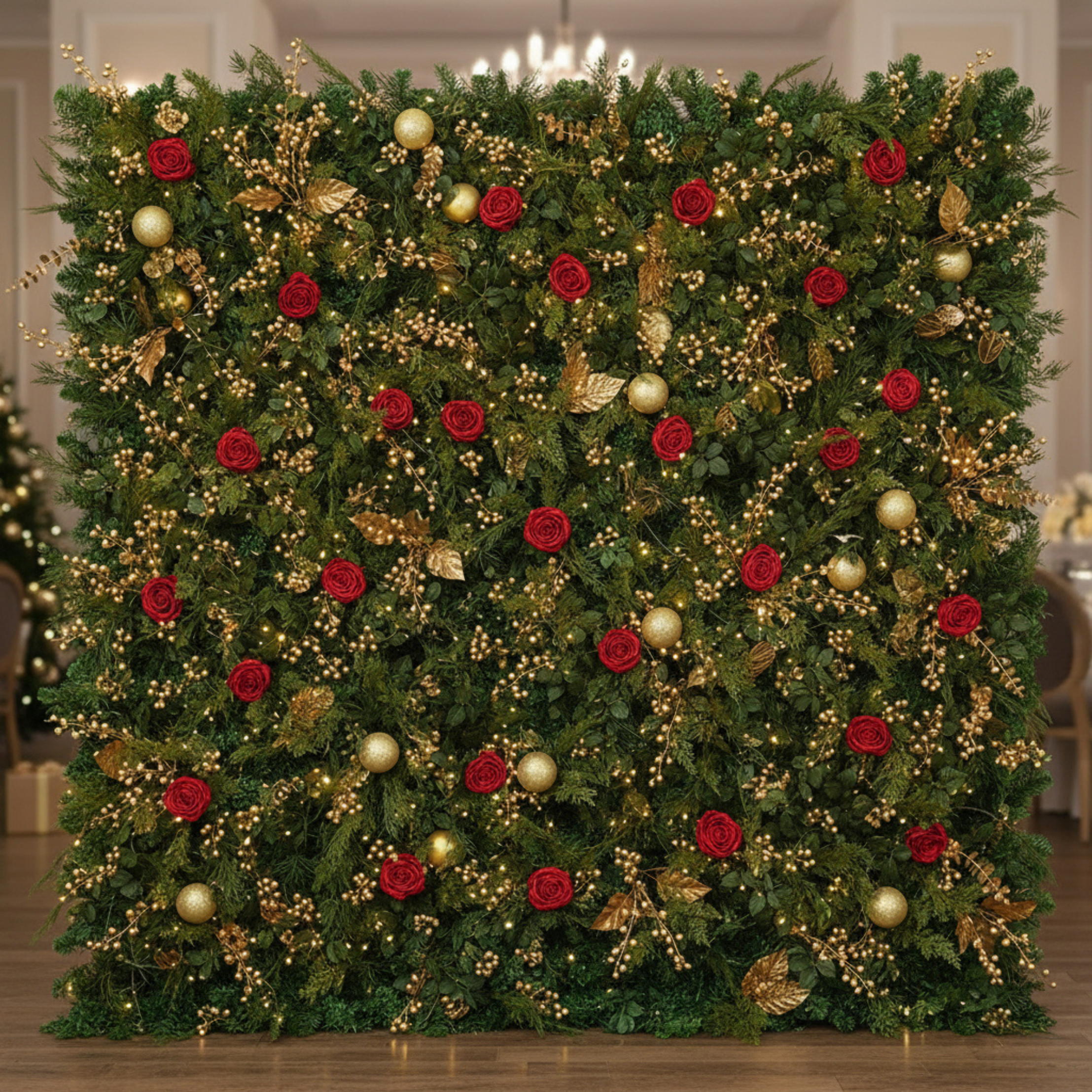 Red, Gold and Greenery Premium Flower Wall Backdrop - 297