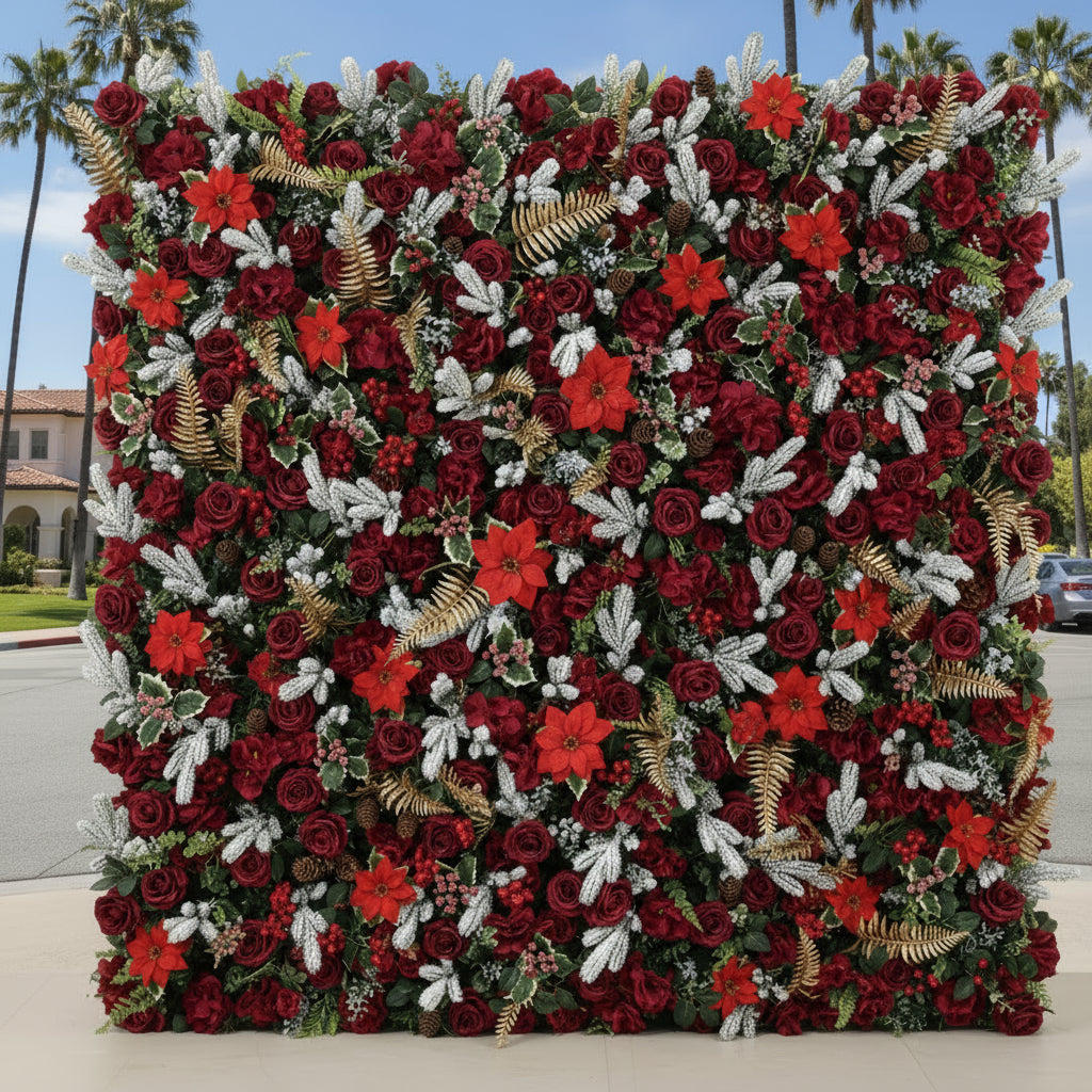 Red Rose Poinsettia Gold Premium Flower Wall Backdrop - 331