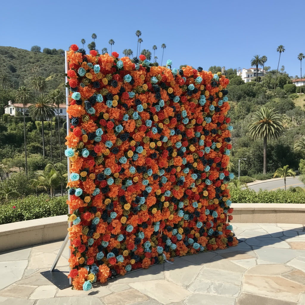 Blue, Orange and Yellow Wild Rose Premium Flower Wall - 014