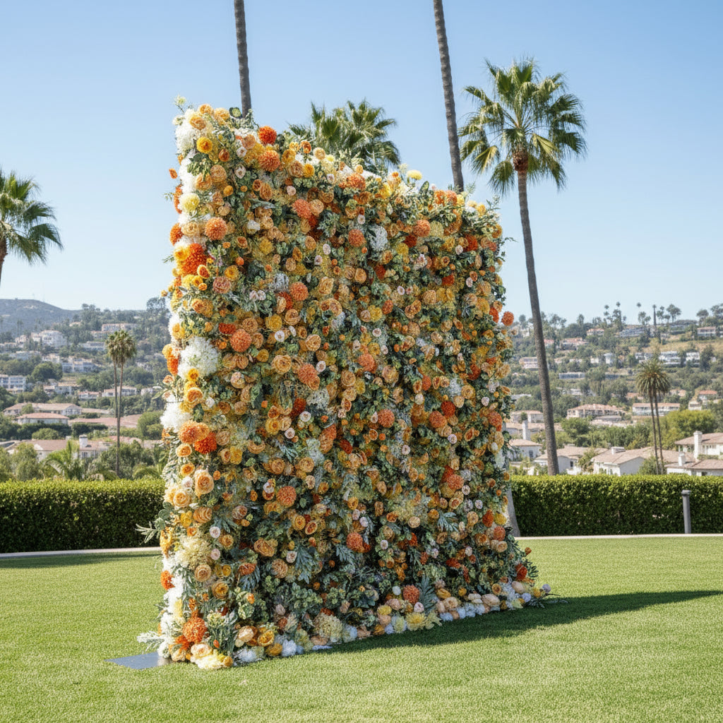 Orange, Yellow and Peach Greenery Premium Flower Wall - 095