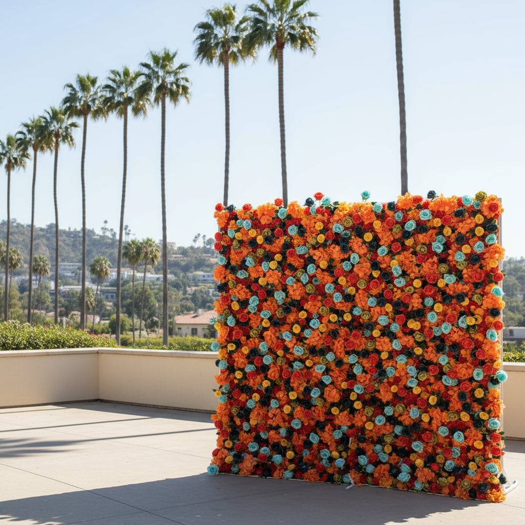 Blue, Orange and Yellow Wild Rose Premium Flower Wall - 014
