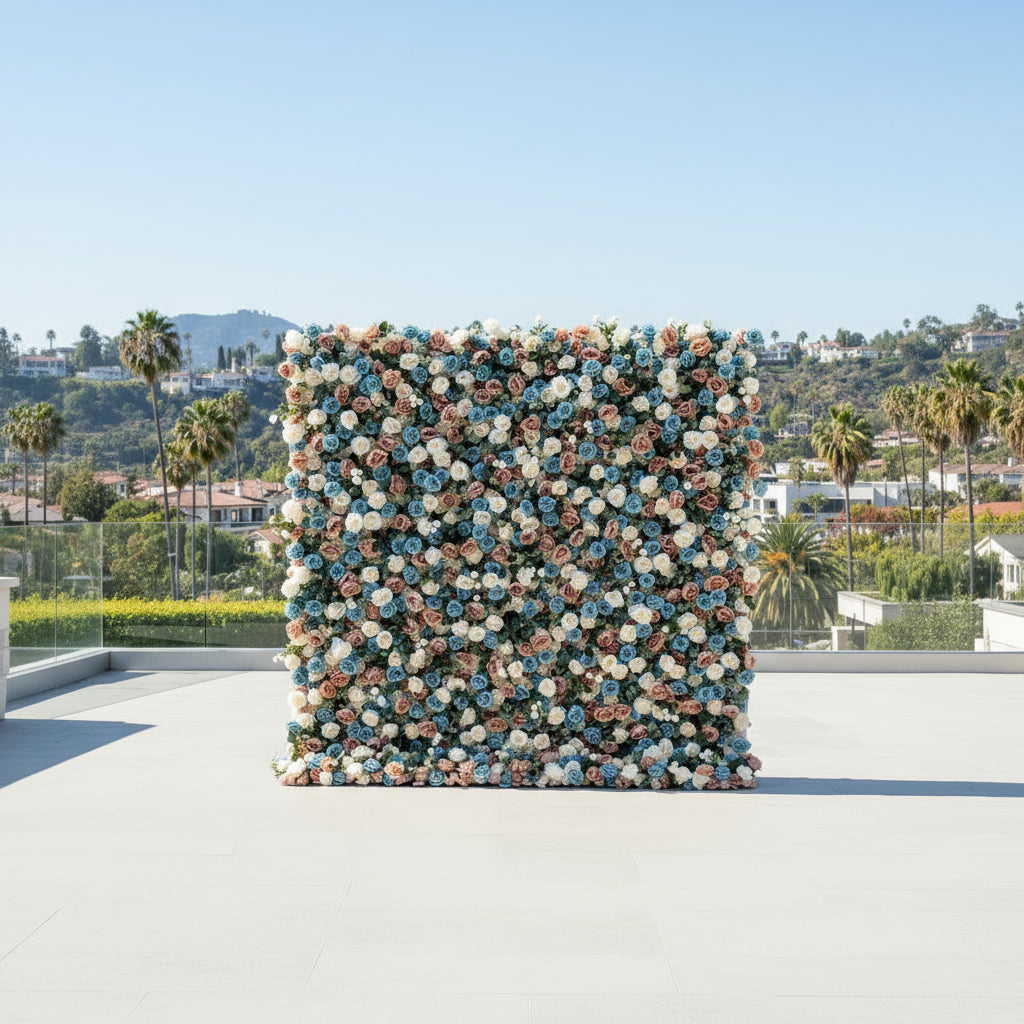 Pink, Cream & Blue Wild Rose Premium Flower Wall - 174