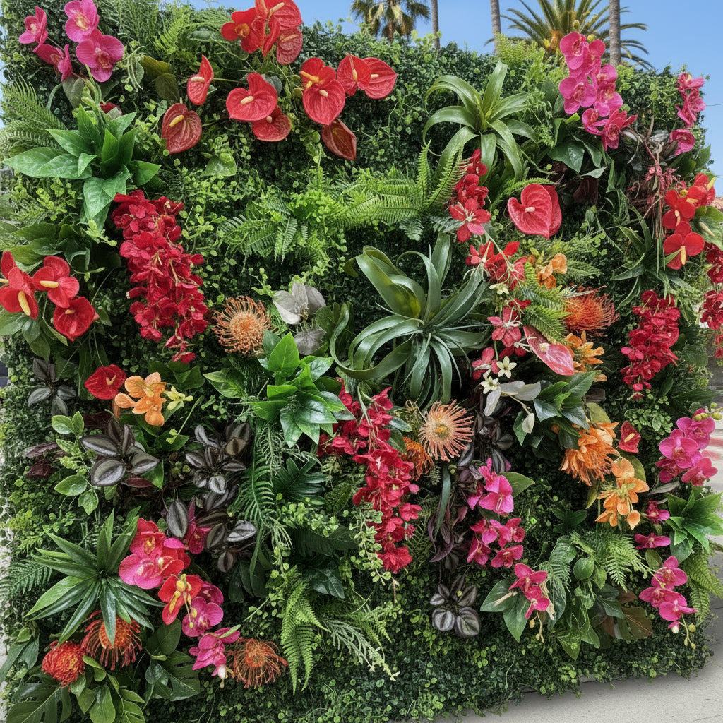 Deluxe Pink, Orange and Red Jungle Greenery Premium Flower Wall Backdrop - 540