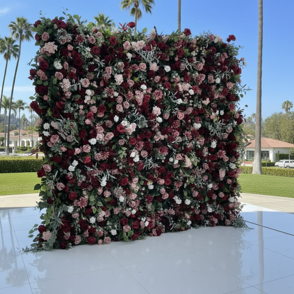 Deep Red, Pink and Greenery Premium Rose Flower Wall - 214