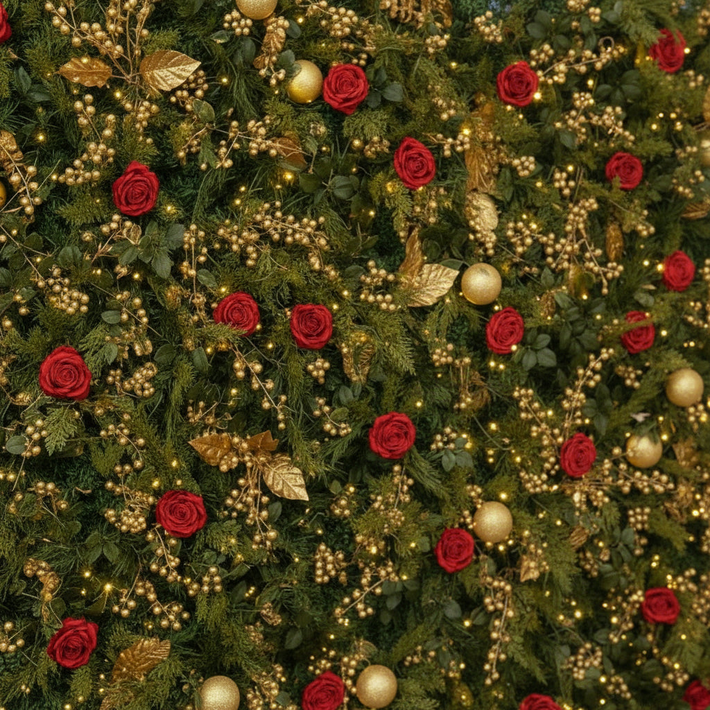 Red, Gold and Greenery Premium Flower Wall Backdrop - 297