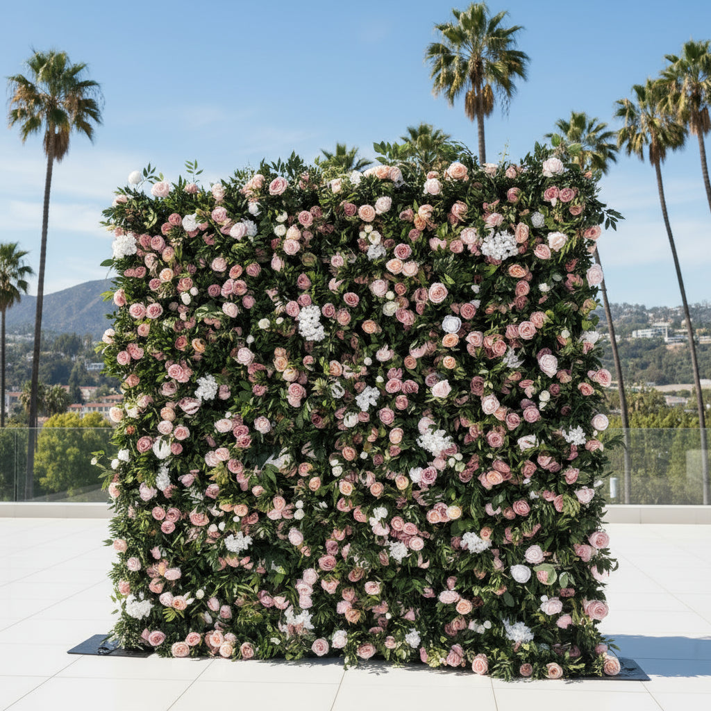 Pink, White and Greenery Rose Premium Flower Wall - 125
