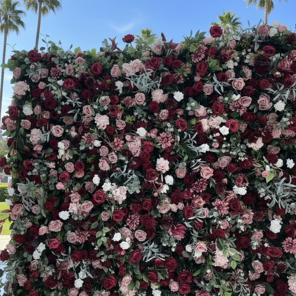 Deep Red, Pink and Greenery Premium Rose Flower Wall - 214
