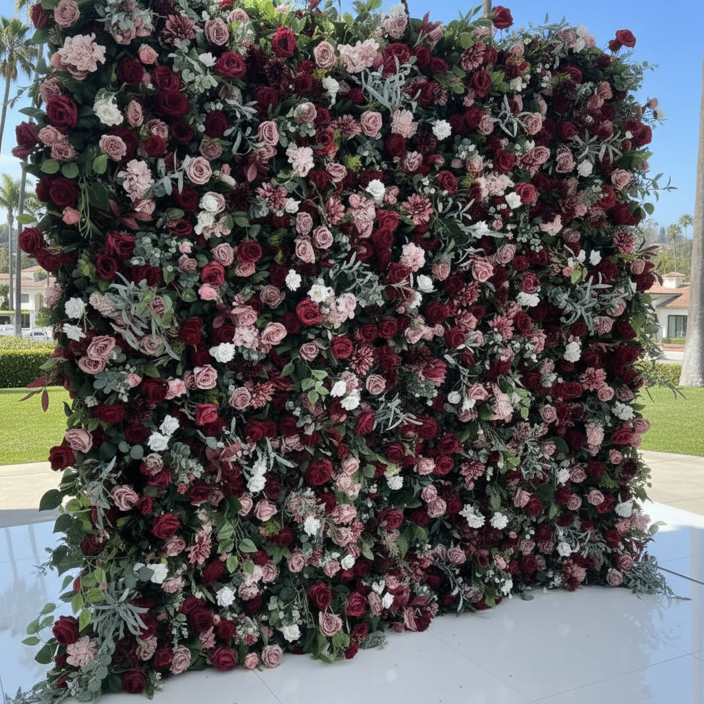 Deep Red, Pink and Greenery Premium Rose Flower Wall - 214