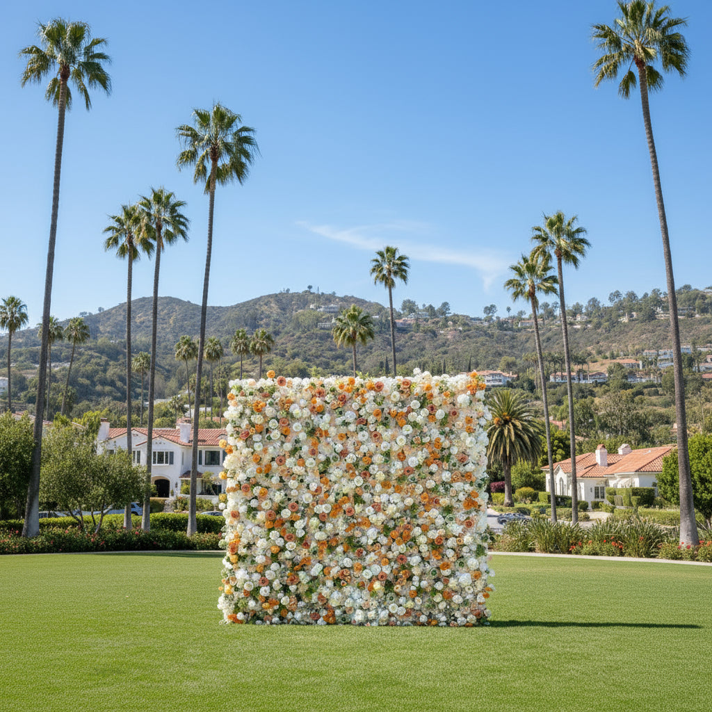 Orange, Green and White Ivory Rose Premium Flower Wall - 194