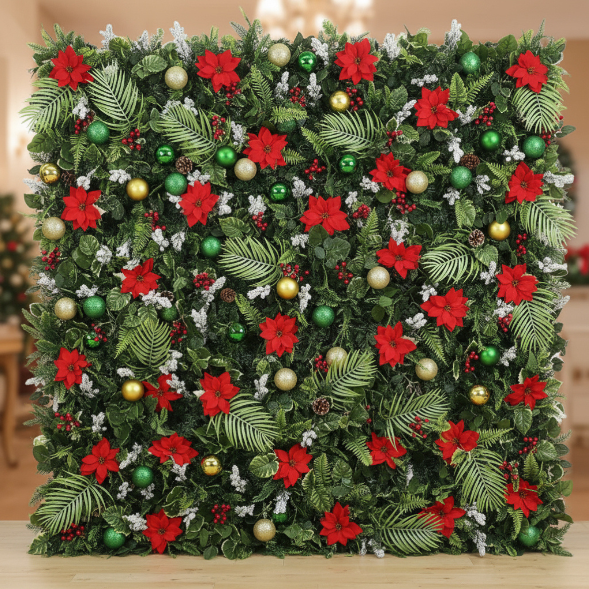 Red and Green Poinsettia Holiday Theme Premium Flower Wall Backdrop - 298