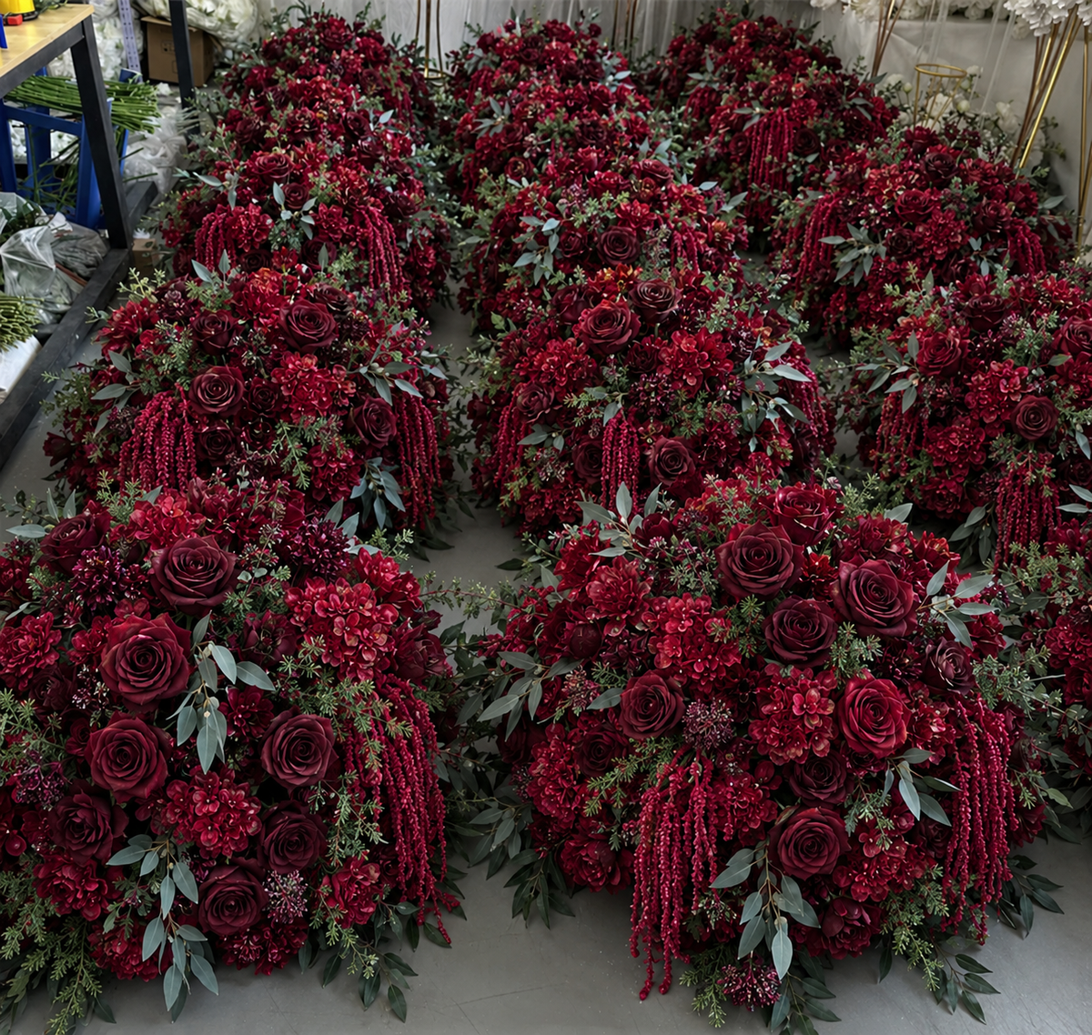 Dripping Red and Dark Greenery Premium Artificial Flower Ball Centerpiece - 1087