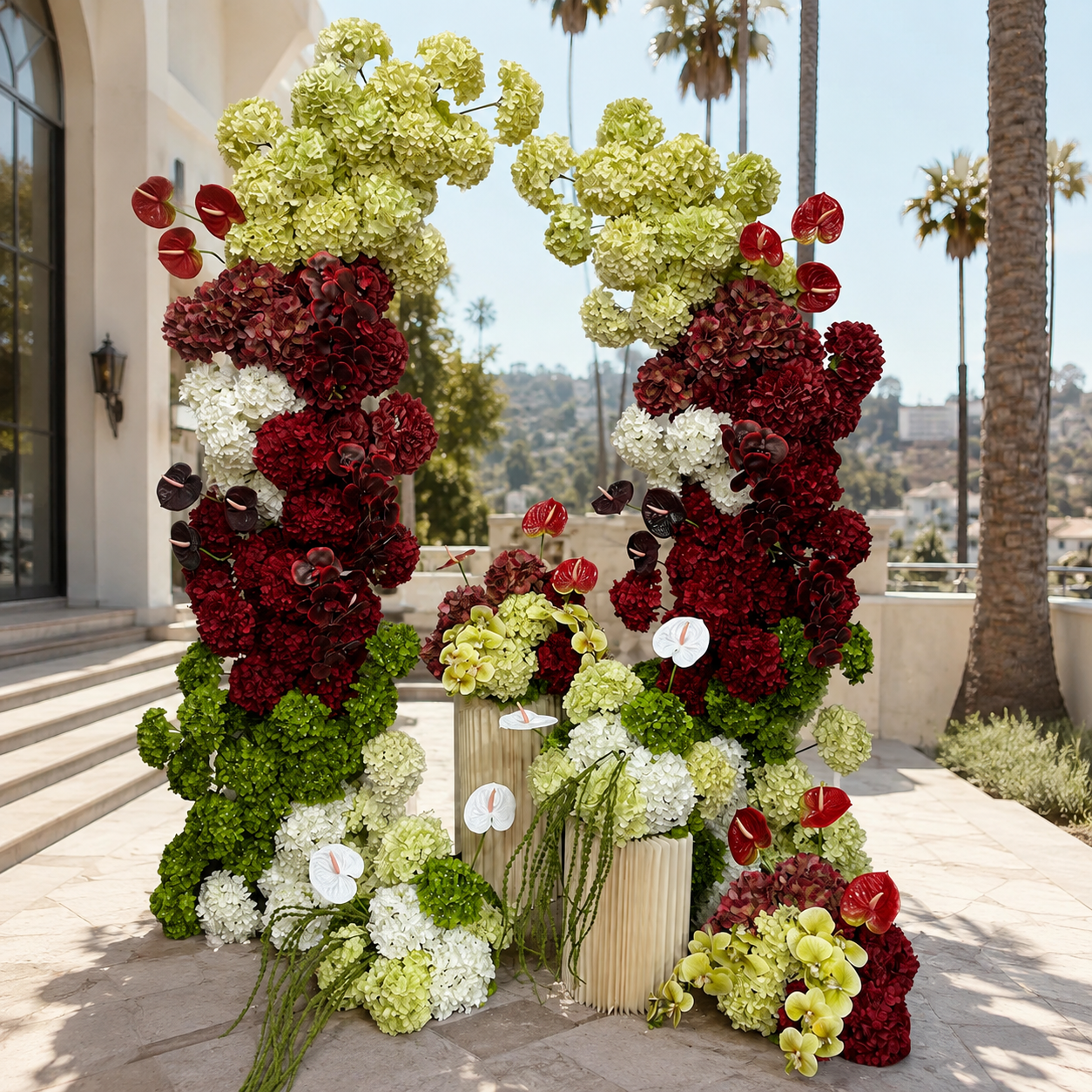White Deep Red and Greenery Premium Artificial Flower Wall Backdrops - 342