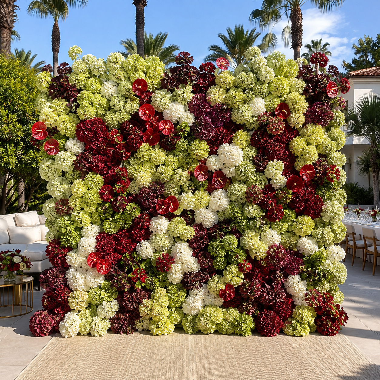 White Deep Red and Greenery Premium Artificial Flower Wall Backdrops - 342