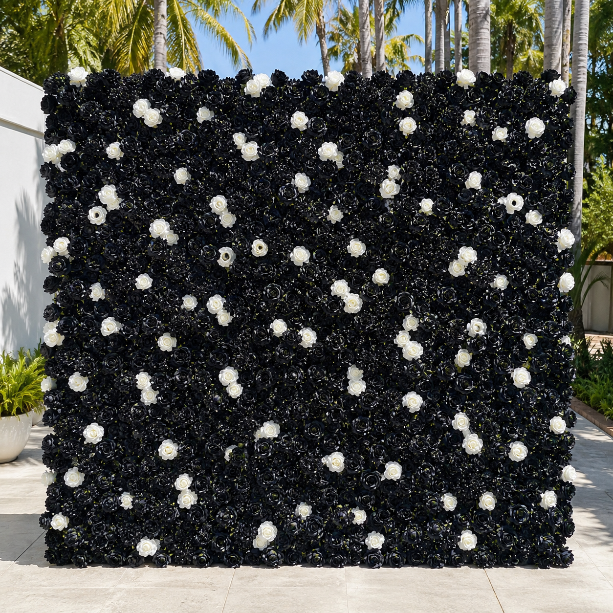 Black and White Wild Rose Premium Artificial Flower Wall Backdrop - 346