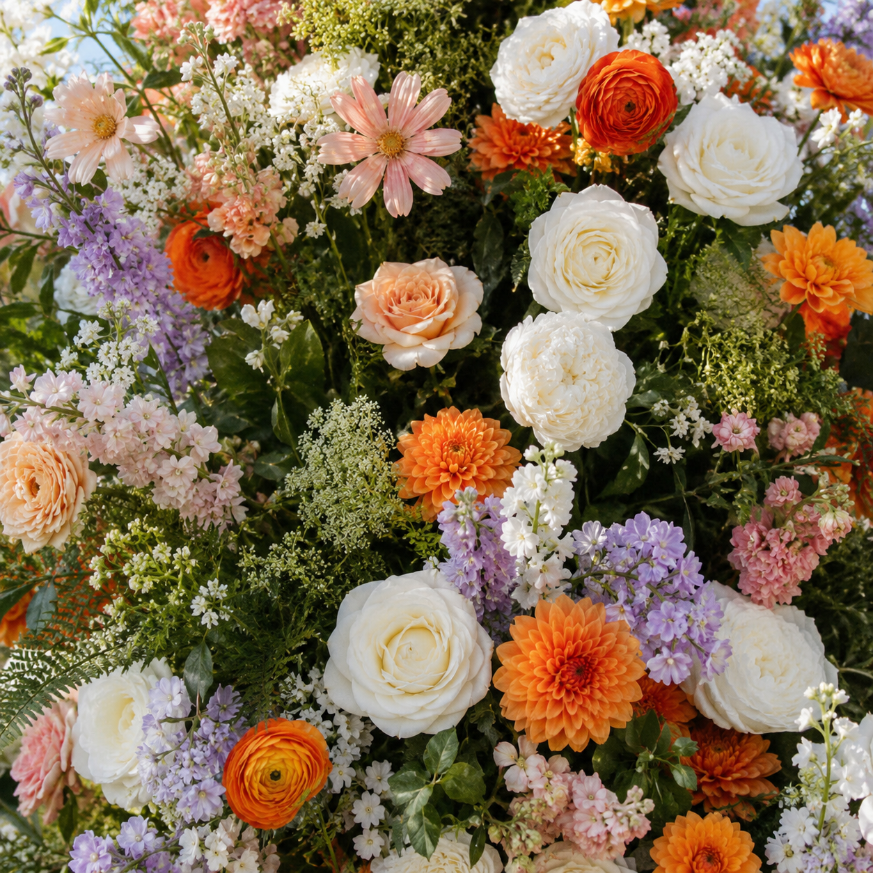 Purple, Orange and White Greenery Premium Flower Wall & Backdrops  - 4569