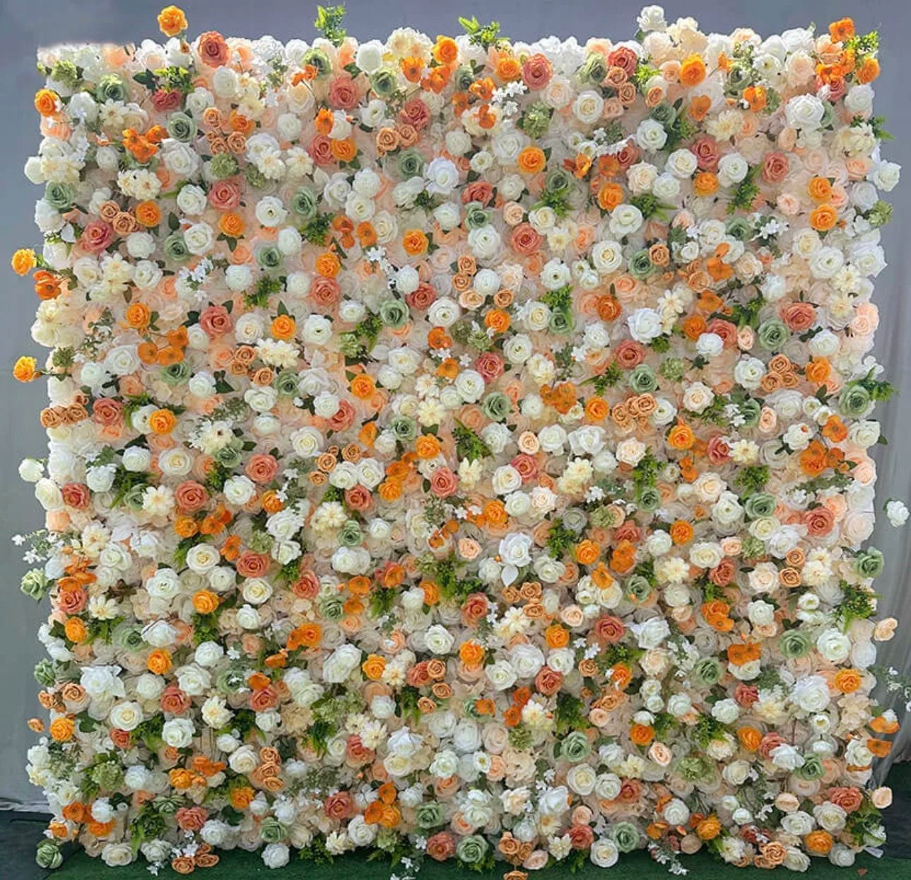 Orange, Green and White Ivory Rose Premium Flower Wall - 194