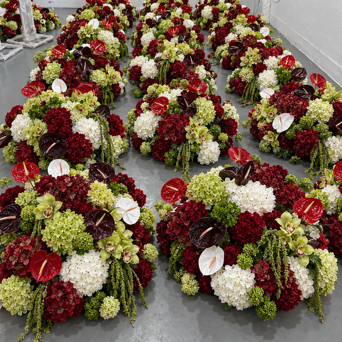 White Deep Red and Greenery Premium Artificial Flower Ball Centerpiece - 1088