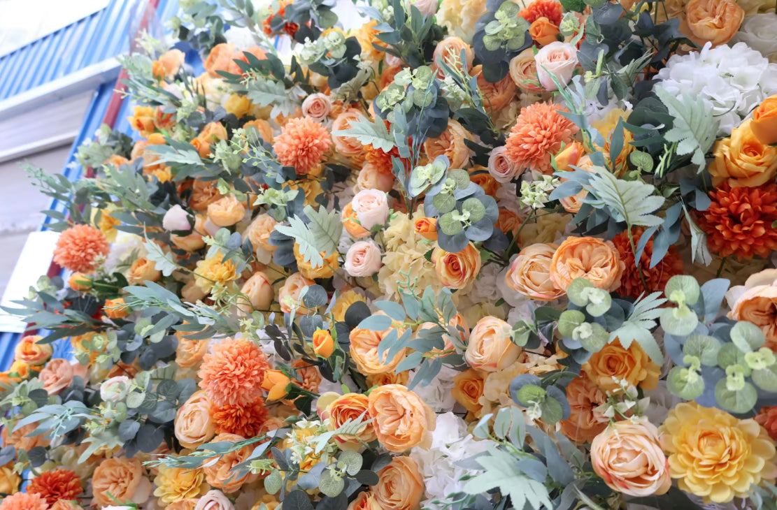 Orange, Yellow and Peach Greenery Premium Flower Wall - 095