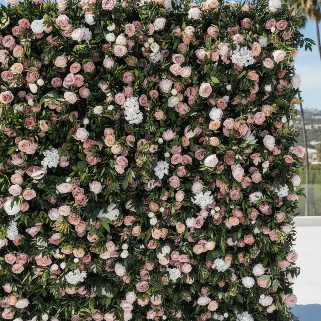 Pink, White and Greenery Rose Premium Flower Wall - 125