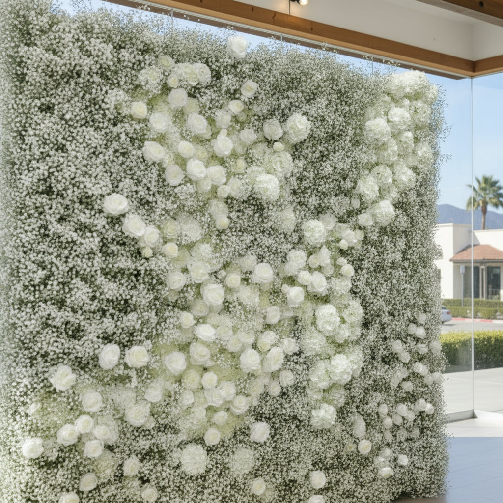 Baby's Breath Silver + White Rose Flower Wall - 178