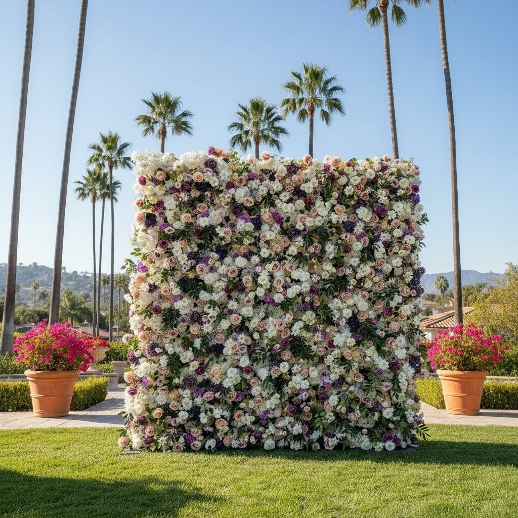 Purple, Pink and White Wild Rose Greenery Premium Flower Wall - 202