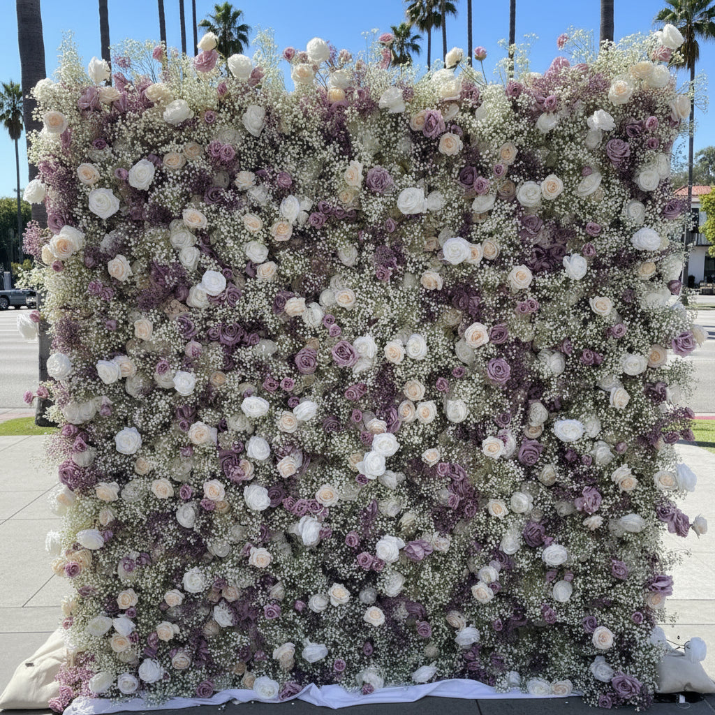 Baby's Breath White & Lavender Rose Flower Wall - 065
