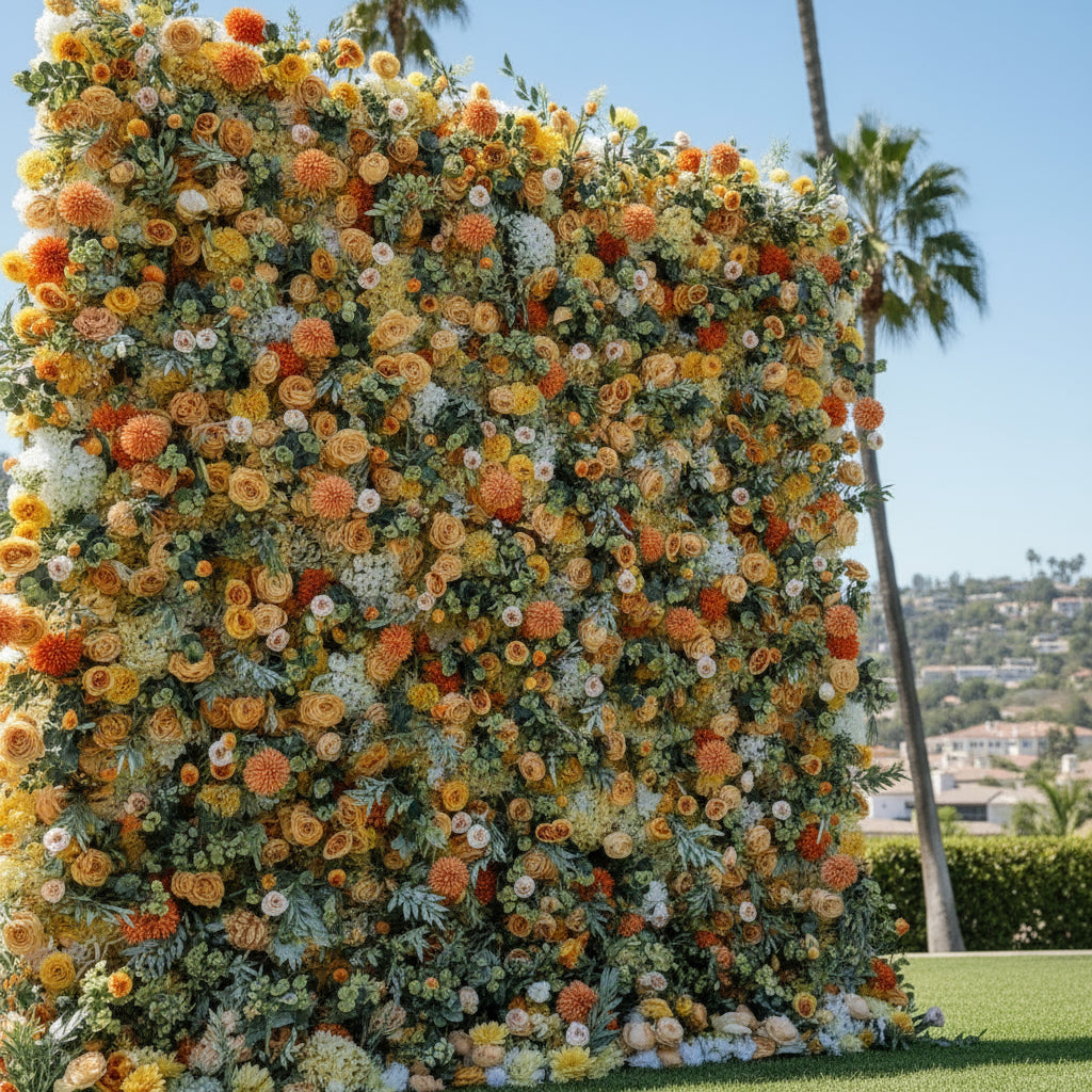 Orange, Yellow and Peach Greenery Premium Flower Wall - 095