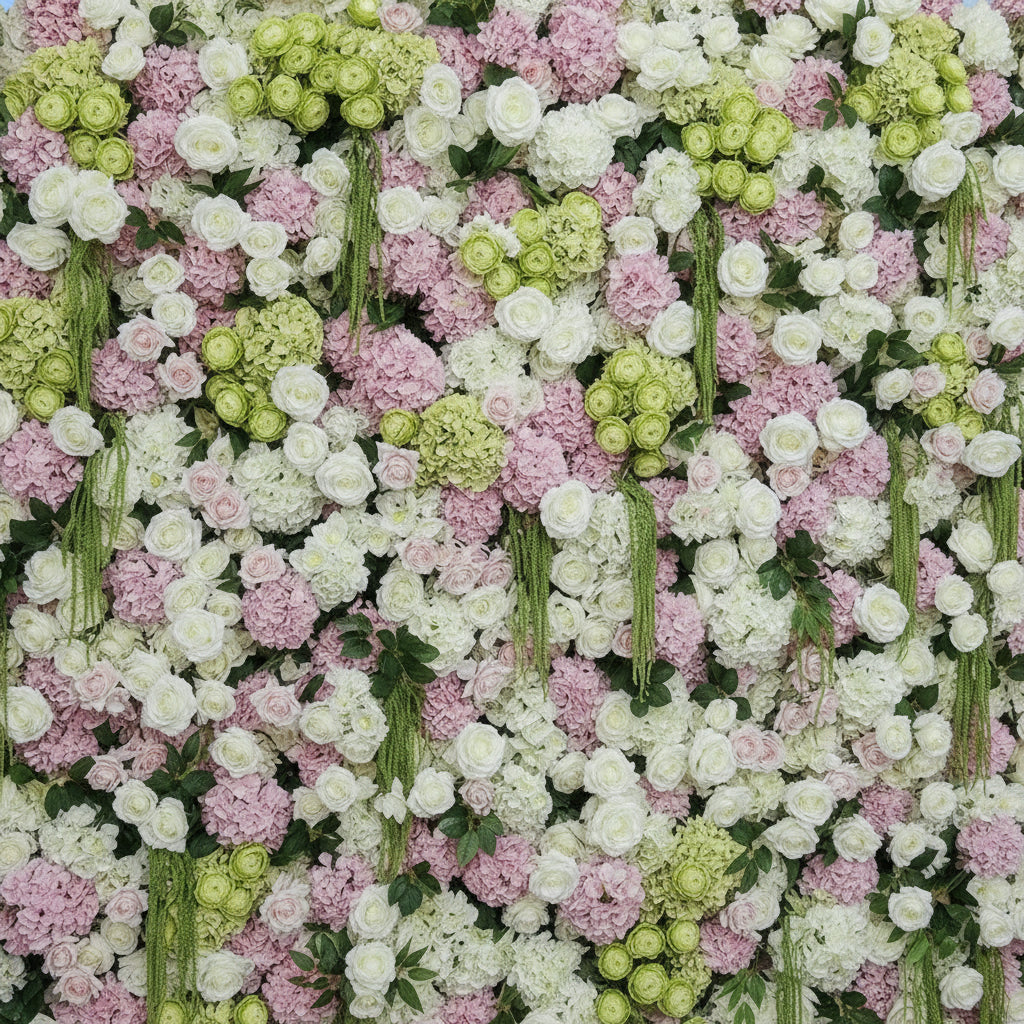 Dripping Pink, Greenery and White Premium Flower Wall Backdrop - 287