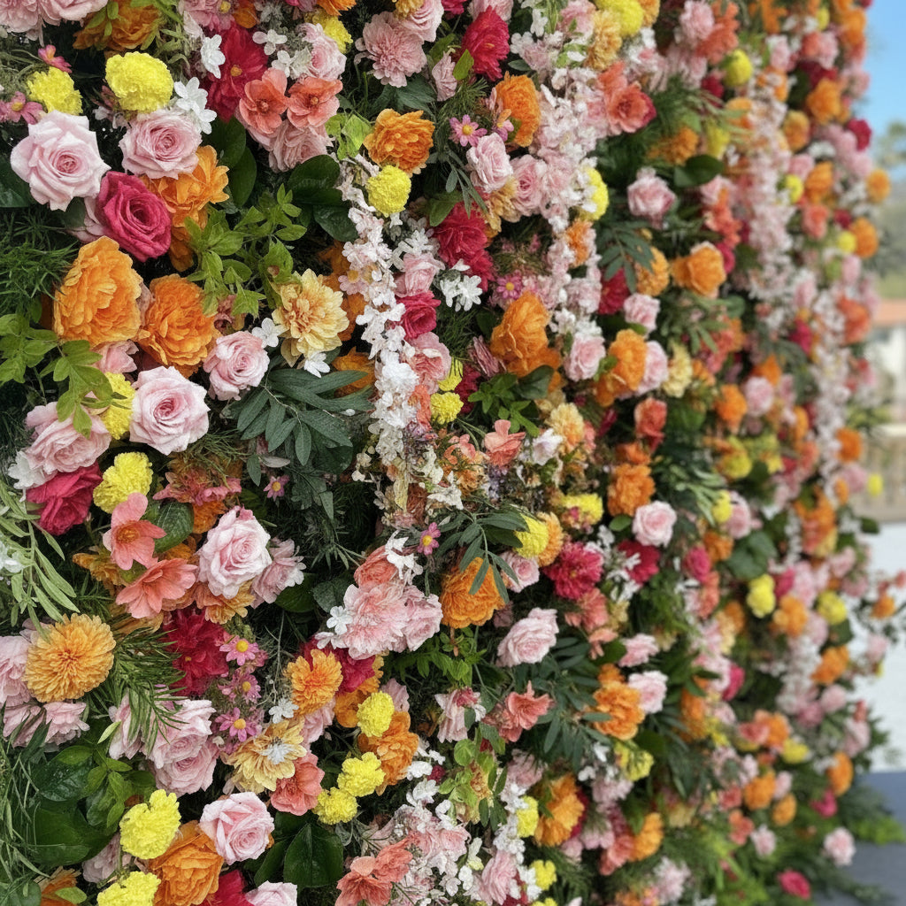 Dripping Orange, Yellow and Pink Premium Greenery Flower Wall - 207