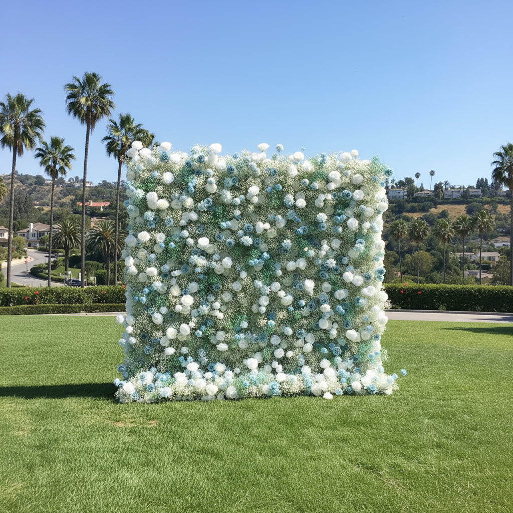 Babys Breath White and Blue Rose Flower Wall - 063