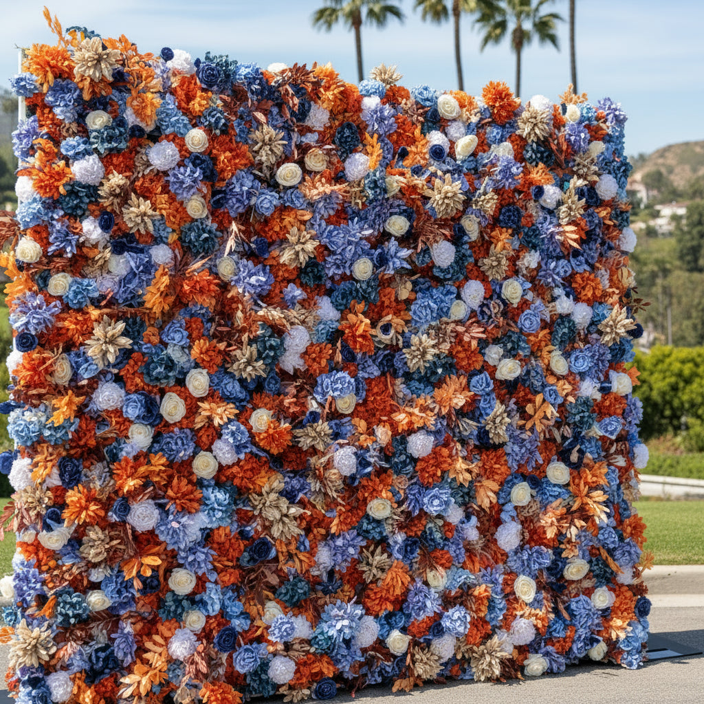 Orange, White & Blue Rose Premium Flower Wall - 155