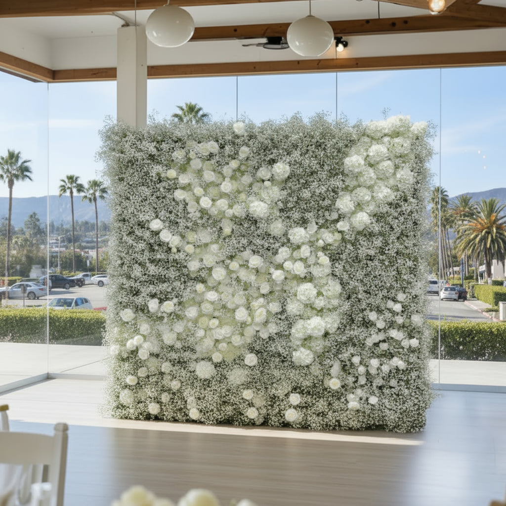 Baby's Breath Silver + White Rose Flower Wall - 178