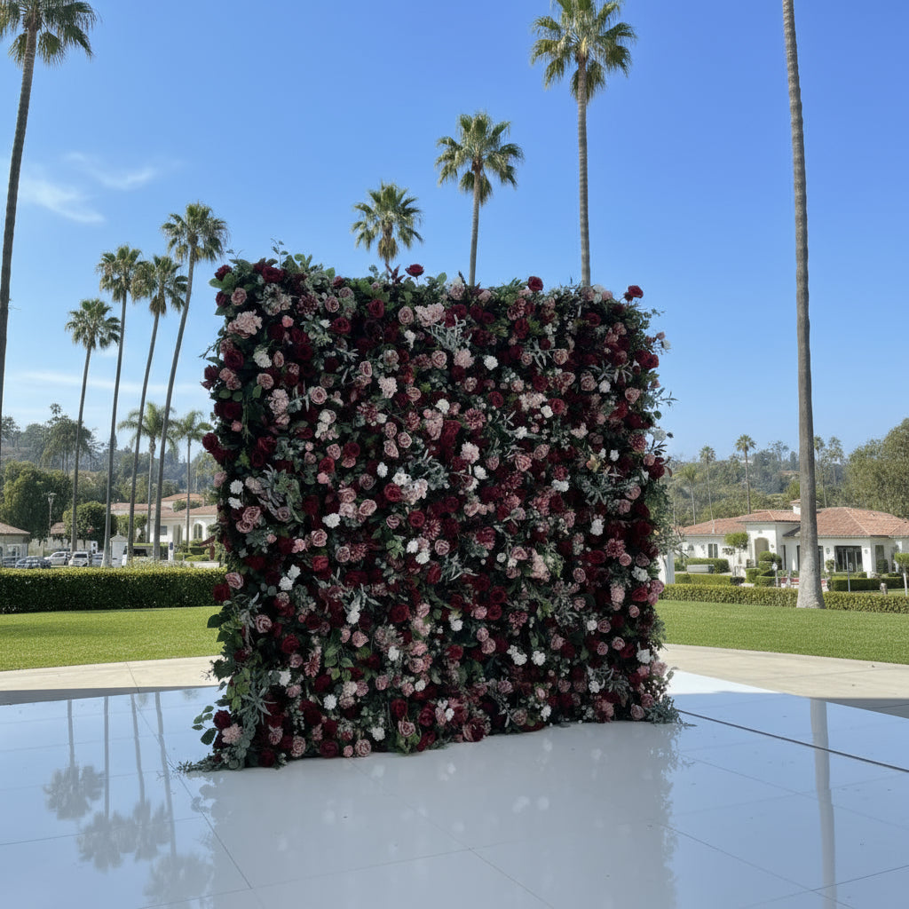 Deep Red, Pink and Greenery Premium Rose Flower Wall - 214