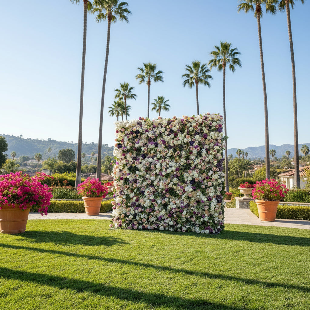 Purple, Pink and White Wild Rose Greenery Premium Flower Wall - 202