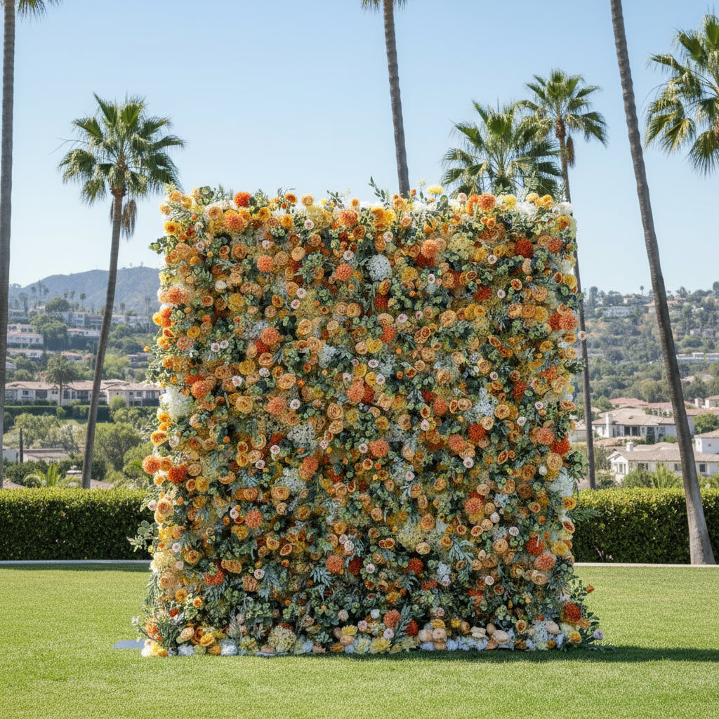 Orange, Yellow and Peach Greenery Premium Flower Wall - 095