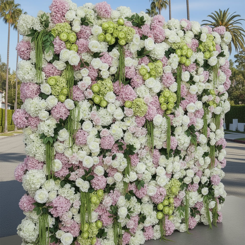 Dripping Pink, Greenery and White Premium Flower Wall Backdrop - 287