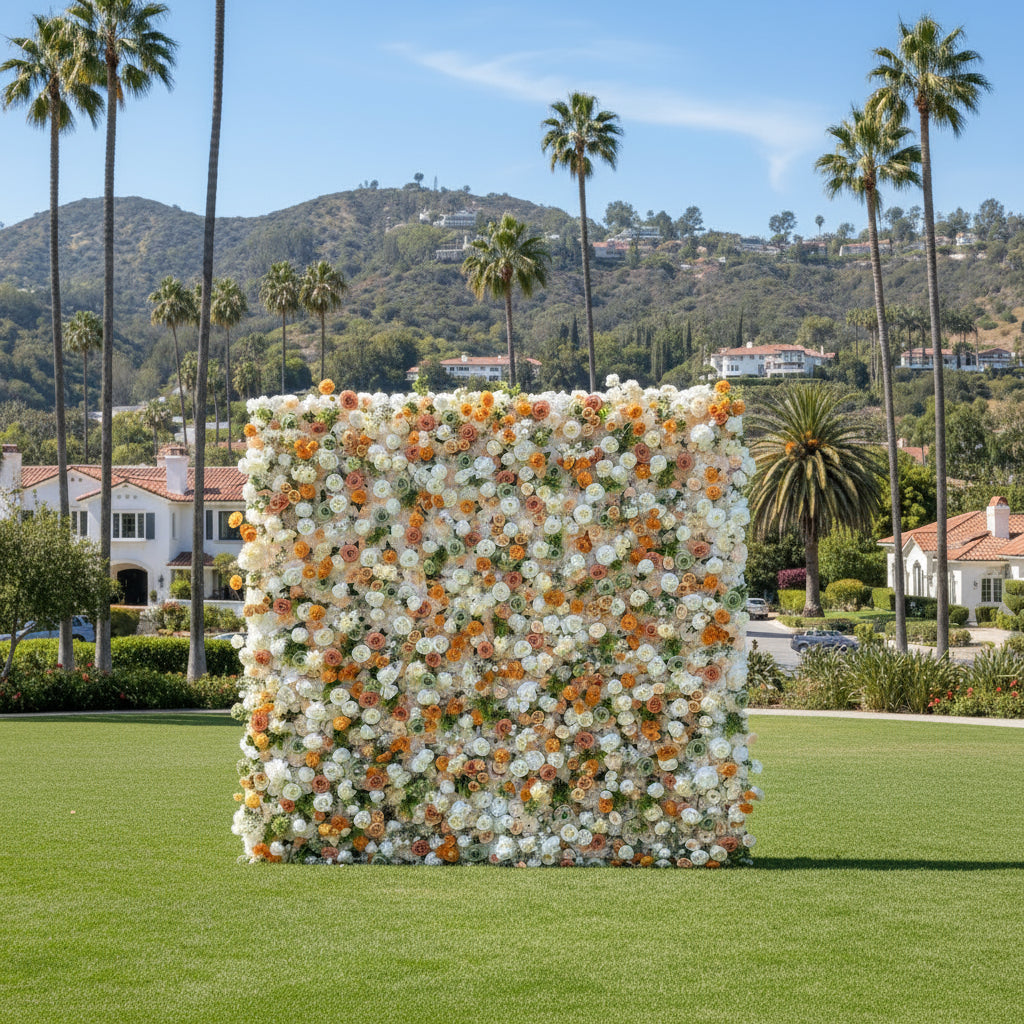 Orange, Green and White Ivory Rose Premium Flower Wall - 194
