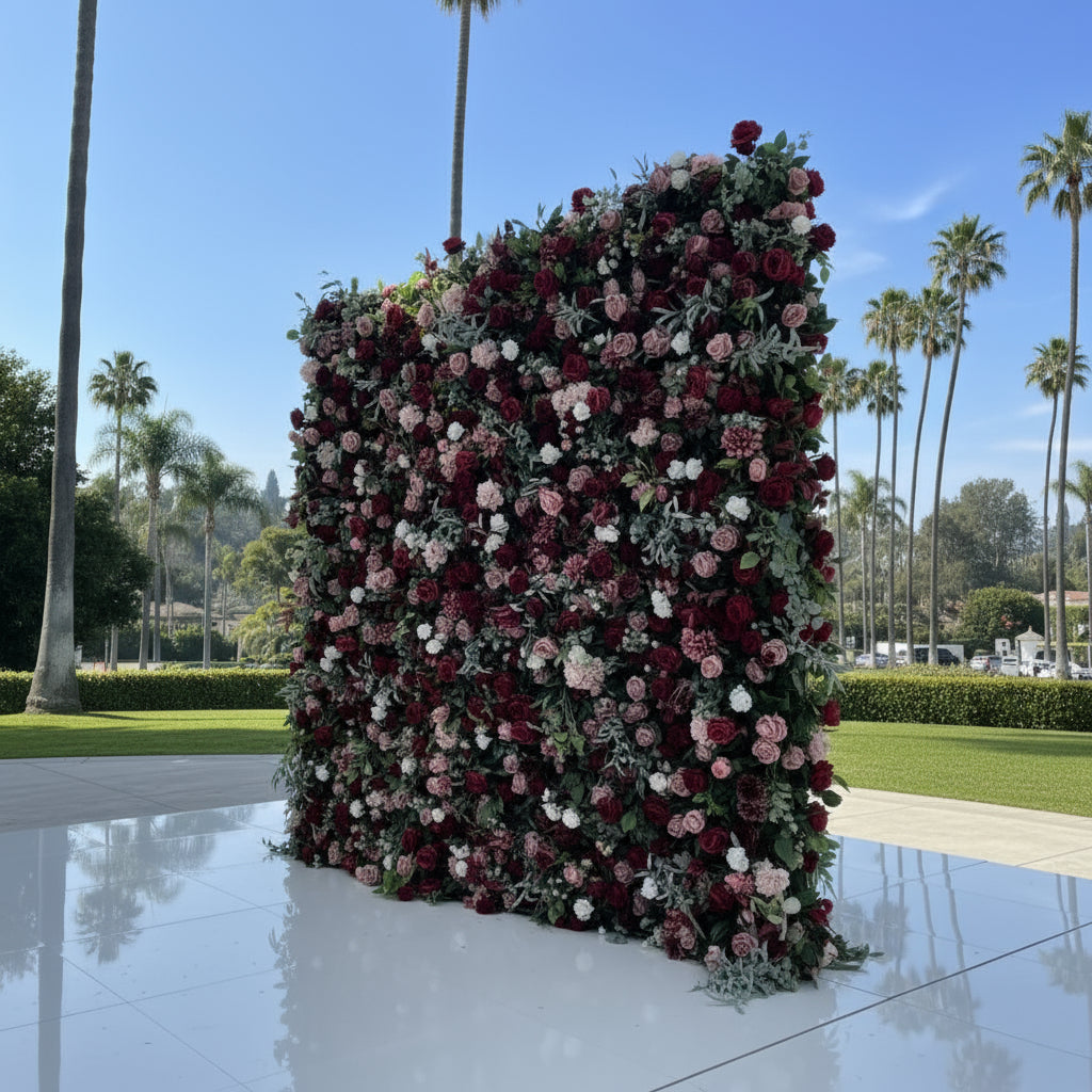 Deep Red, Pink and Greenery Premium Rose Flower Wall - 214