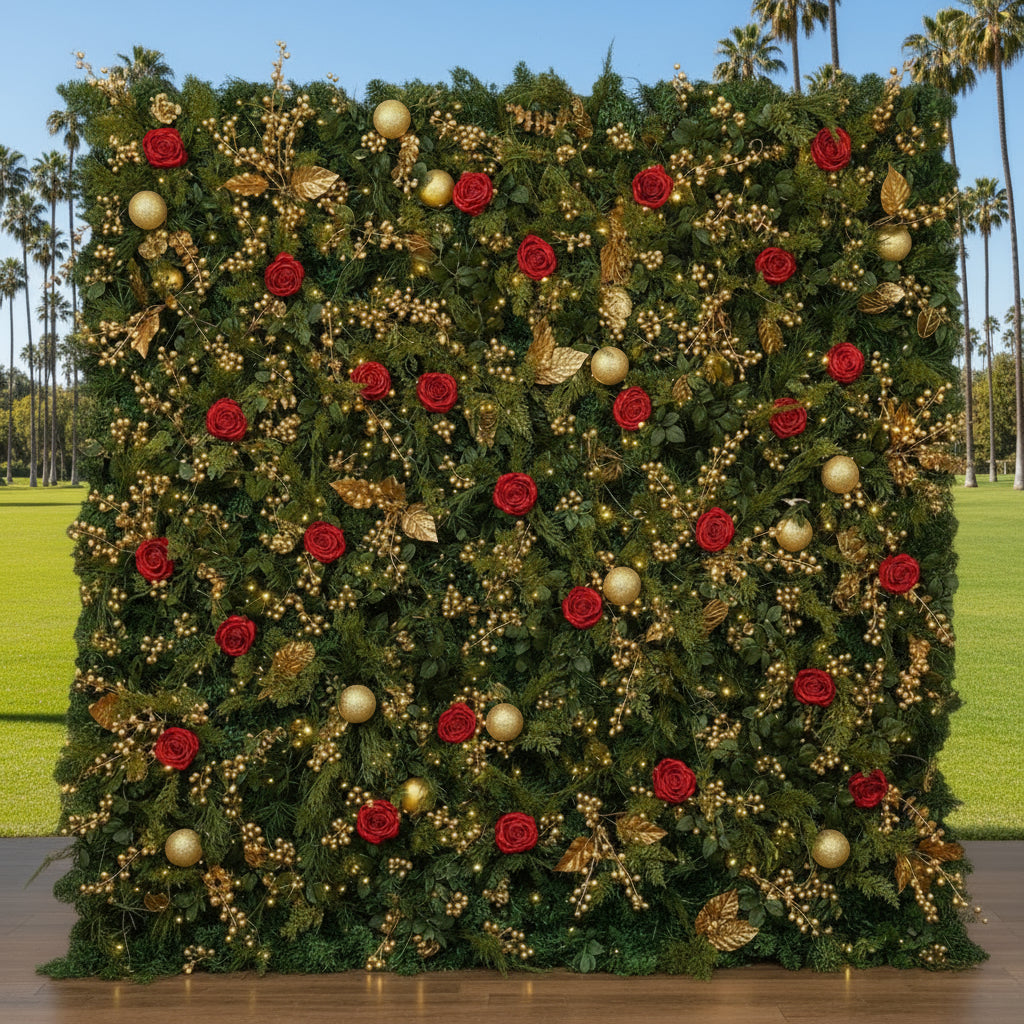 Red, Gold and Greenery Premium Flower Wall Backdrop - 297